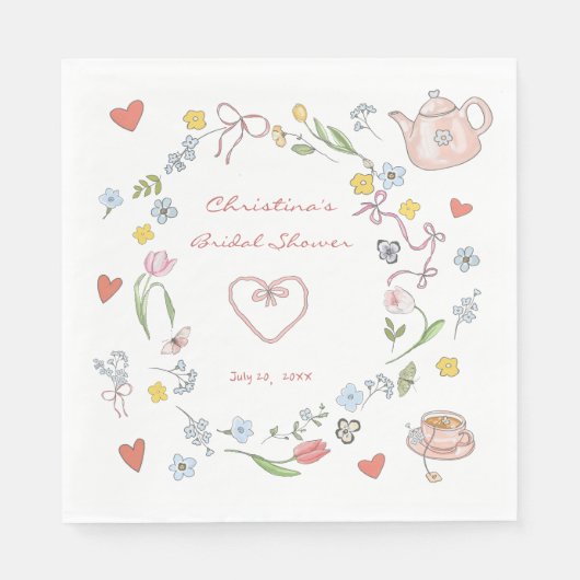手描きの遊び心あふれる紅茶 ブライダルシャワー スタンダードランチョンナプキン (正面)