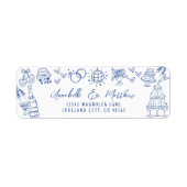 手描きの遊び心ある青い結婚式の返信住所ラベル ラベル (正面)