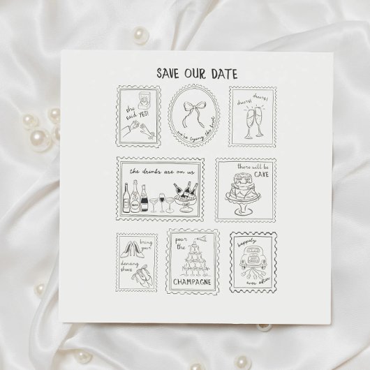 手描きの郵便スタンプの結婚予定日カード セーブザデート