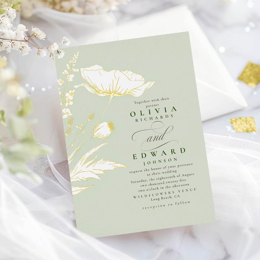 手描きの野の花 エレガントなセージの結婚式 箔招待状