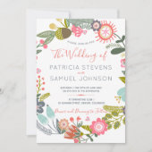 手描きの野生の花の草原のリースの結婚式 招待状 (正面)
