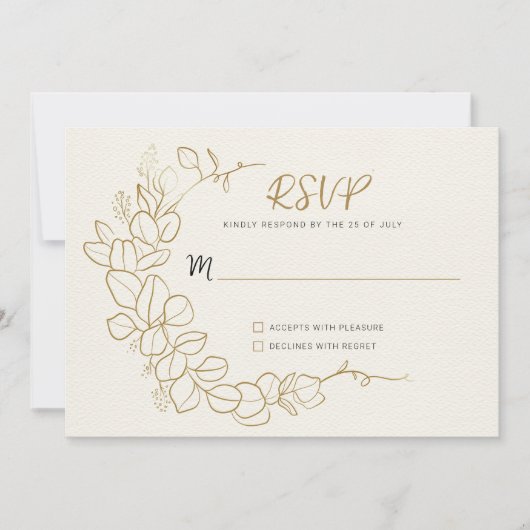 手描きの金箔の葉のフレーム　出欠返信 招待状 (正面)