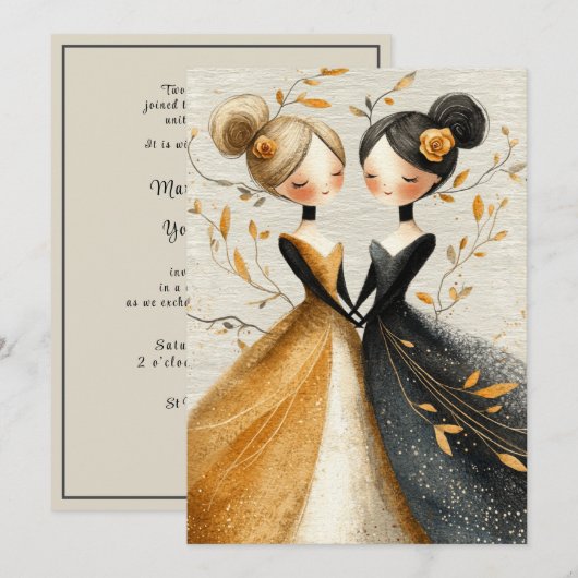 手描きの鉛筆イラストで描かれた二人の花嫁 招待状 (正面/裏面)