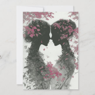 手描きの鉛筆画で描かれた2人の花嫁 ピンクとブラック 招待状