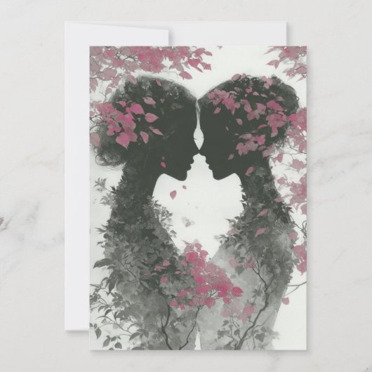 手描きの鉛筆画で描かれた2人の花嫁 ピンクとブラック 招待状 (正面)