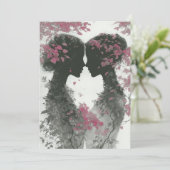 手描きの鉛筆画で描かれた2人の花嫁 ピンクとブラック 招待状 (スタンド正面)