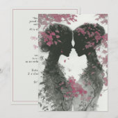手描きの鉛筆画で描かれた2人の花嫁 ピンクとブラック 招待状 (正面/裏面)