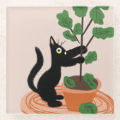 手描きの鉢植えのイチジクの木と猫の面白いデザイン ガラスコースター (正面)