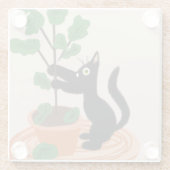 手描きの鉢植えのイチジクの木と猫の面白いデザイン ガラスコースター (裏面)