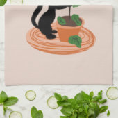 手描きの鉢植えのイチジクの木と猫の面白いデザイン キッチンタオル (折り畳み)
