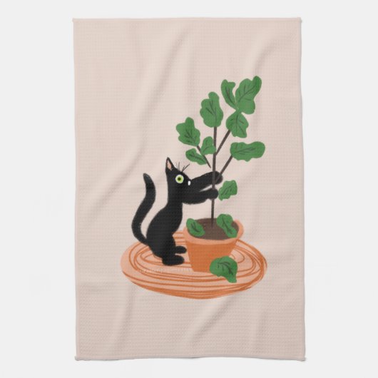 手描きの鉢植えのイチジクの木と猫の面白いデザイン キッチンタオル (縦)