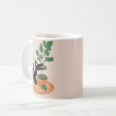 手描きの鉢植えのイチジクの木と猫の面白いデザイン コーヒーマグカップ (正面左)
