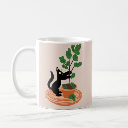 手描きの鉢植えのイチジクの木と猫の面白いデザイン コーヒーマグカップ (左)