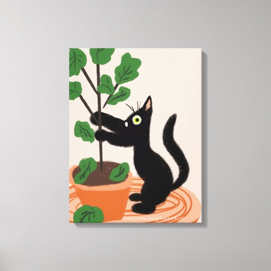 手描きの鉢植えのイチジクの木と面白い猫 キャンバスプリント (正面)