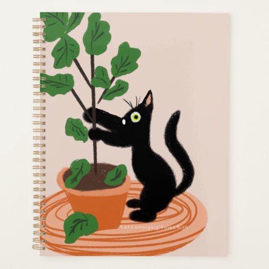 手描きの鉢植えのイチジクの木と面白い猫 プランナー手帳 (正面)