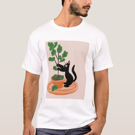 手描きの鉢植えのイチジクの木と面白い猫 Tシャツ (正面)