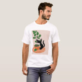 手描きの鉢植えのイチジクの木と面白い猫 Tシャツ (正面フル)