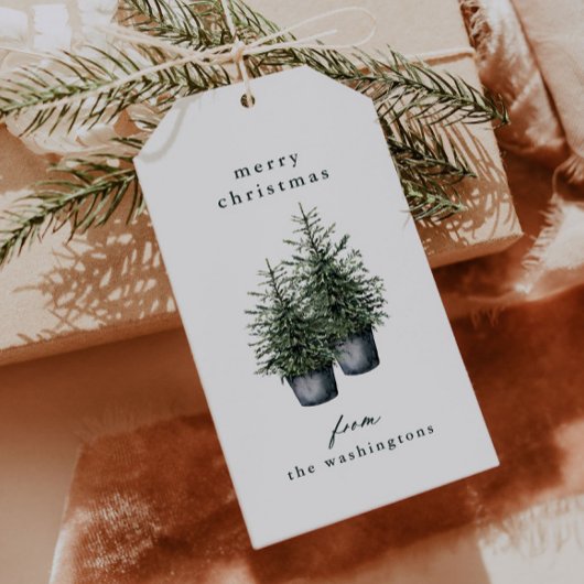 手描きの鉢植えのクリスマスツリー ホリデー ギフトタグ