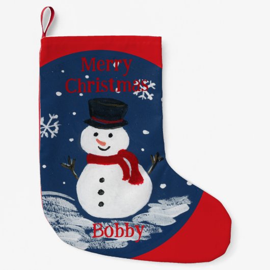 手描きの雪だるま 名前入れ可能  スモールクリスマスストッキング (正面)