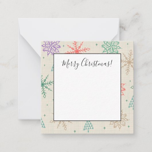 手描きの雪の結晶とクリスマスツリー マルチカラー ノートカード (正面)