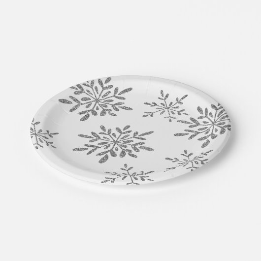 手描きの雪片|の銀製のグリッターの休日 ペーパープレート (アングル)