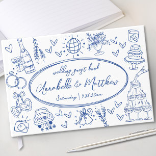 手描きの青いウィスキカルな結婚式 ゲストブック