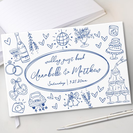手描きの青いウィスキカルな結婚式 ゲストブック