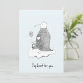 手描きの青いグリーティングカードペンギンファミリーハート 招待状 (スタンド正面)