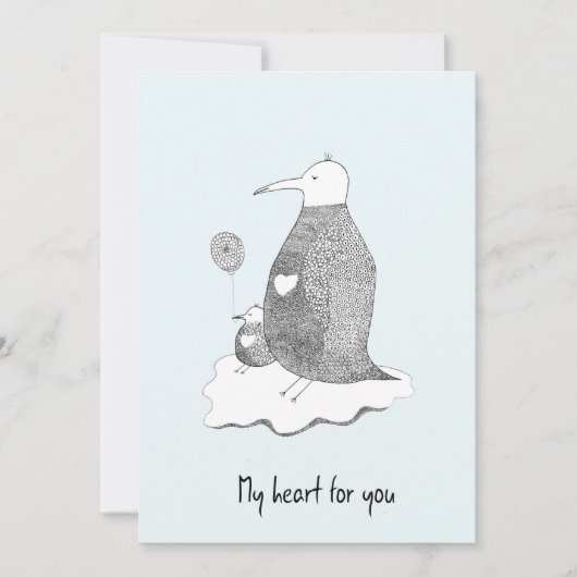 手描きの青いグリーティングカード ペンギン家族 ハート 招待状 (正面)