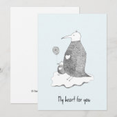 手描きの青いグリーティングカード ペンギン家族 ハート 招待状 (正面/裏面)