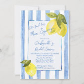 手描きの青いストライプとレモンのウェディングシャワー 招待状 (正面)