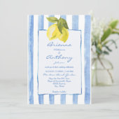 手描きの青いストライプにレモン イタリアンウェディング 招待状 (スタンド正面)