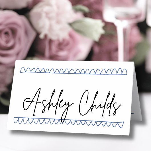 手描きの青いファンタジックな名前の結婚式 プレイスカード
