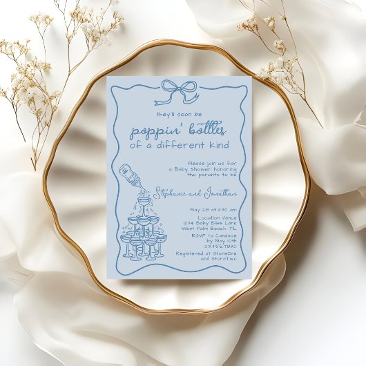 手描きの青いボトルのシャンパンタワー ベビーシャワー 招待状