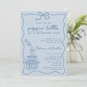 手描きの青いボトルのシャンパンタワー ベビーシャワー 招待状 (スタンド正面)