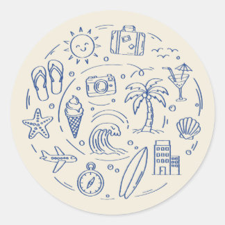 手描きの青い夏の旅行バケーションの落書き ラウンドシール
