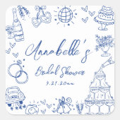 手描きの青い幻想的なブライダルシャワー スクエアシール (正面)