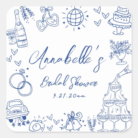 手描きの青い幻想的なブライダルシャワー スクエアシール (正面)