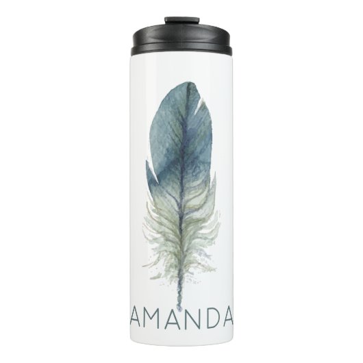 手描きの青い灰色の水彩のフェザー タンブラー (正面)