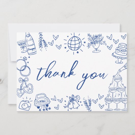 手描きの青い遊び心あるデザイン サンキューカード (正面)