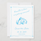 手描きの青いSave the Date写真QRコード 招待状 (正面)