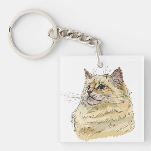 手描きの面白いふわふわラグドール猫 キーホルダー (正面)