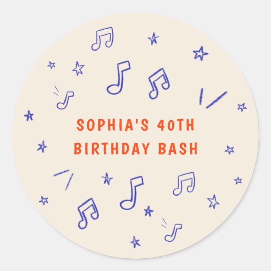 手描きの音楽ノートイラスト 40歳の誕生日 ラウンドシール (正面)