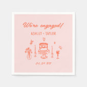 手描きの風変わりで楽しいレトロな婚約パーティー スタンダードカクテルナプキン (正面)