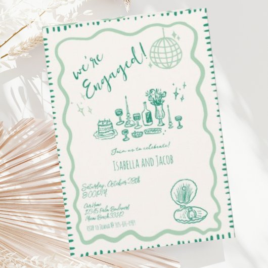 手描きの風変わりなウェーブエンゲージメントパーティー 招待状