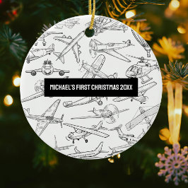 手描きの飛行機と航空がテーマの少年初のクリスマス セラミックオーナメント