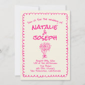 手描きの鮮やかなピンクのレトロな両面ウェディング 招待状 (正面)