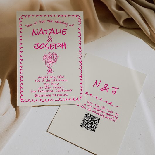 手描きの鮮やかなピンクのレトロファンキーな結婚式のQRコード 招待状