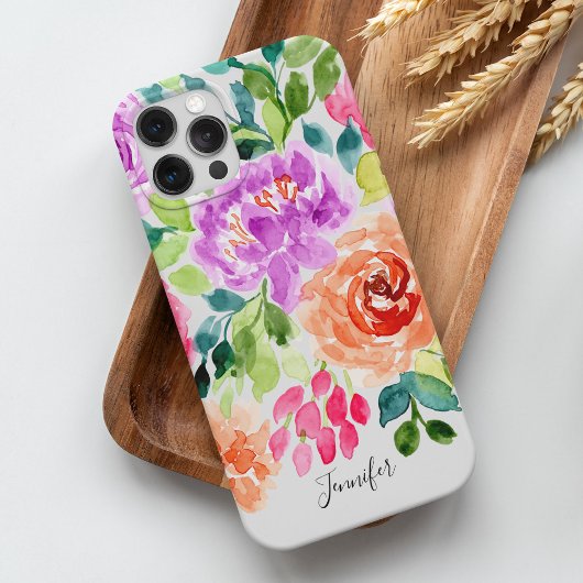 手描きの鮮やかな水彩花柄 iPhoneケース