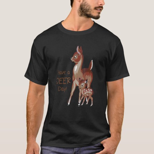 手描きの鹿とまだら仔鹿  鹿を Tシャツ (正面)